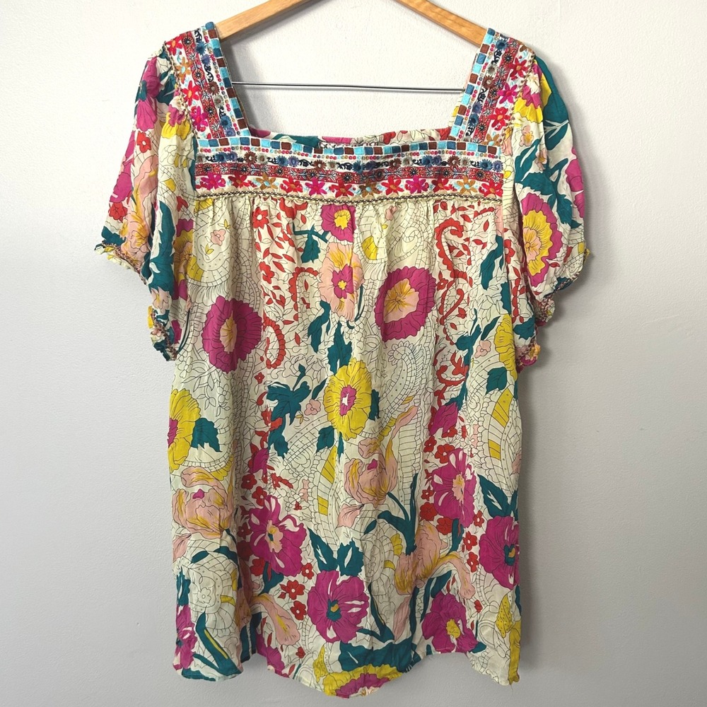 Johnny Was Blouse Womens 2X Multi Floral Embroidered Square Neck Rayon Boho Top